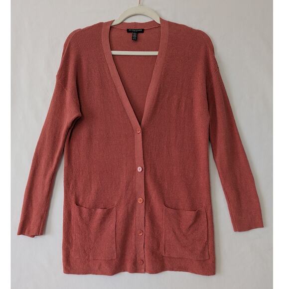 Eileen Fisher Womens Organic Linen Blend Cardigan Sweater Size MP Coral Relaxed - Picture 1 of 8